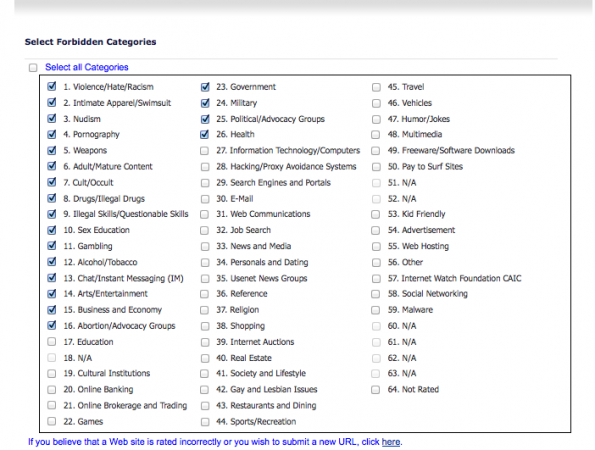 SonicWall Content Filtering Service - URL List - Select Forbidden Categories